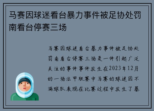 马赛因球迷看台暴力事件被足协处罚南看台停赛三场 马赛因球迷看台暴力事件被足协处罚南看台停赛三场