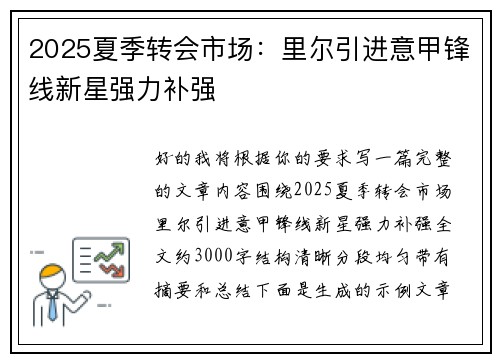 2025夏季转会市场:里尔引进意甲锋线新星强力补强 2025夏季转会市场:里尔引进意甲锋线新星强力补强